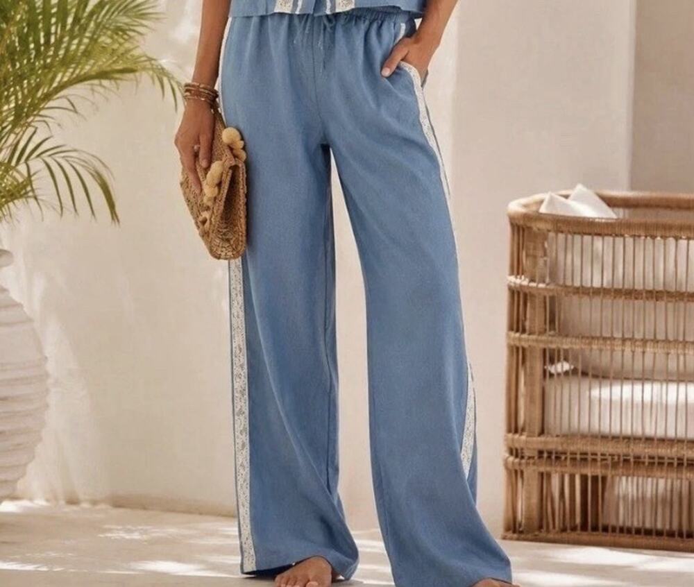 NWT Caroline Constas Linen Pants Lace Trim Euro Summer Resort Chic Size Small